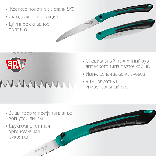 Фото 1 товара Ножовка для быстрого реза сырой древесины CAMP Fast 9 15218 KRAFTOOL 9 TPI, 180 мм