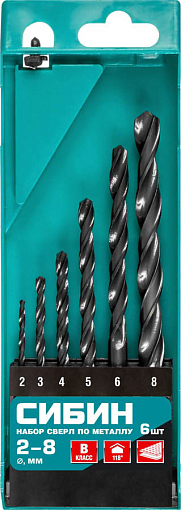 Фото 0 товара Набор сверл по металлу СИБИН 6 шт. (2-8 мм), класс В, 29610-H6