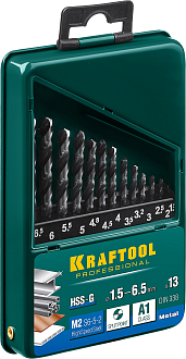 Набор сверл по металлу KRAFTOOL 29651-H13 13 шт. (1,5-6,5 мм), класс A, HSS-G, сталь М2(S6-5-2) - фото 2