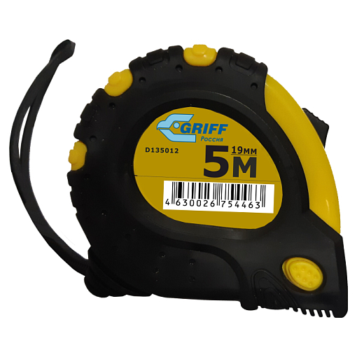 Фото 0 товара Рулетка 5мх19мм с 3 фиксаторами, в обрезин. корпусе GRIFF