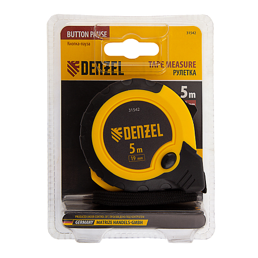 Фото 7 товара Рулетка 5м х 19мм, двухкомп. корпус, кнопка-пауза Denzel