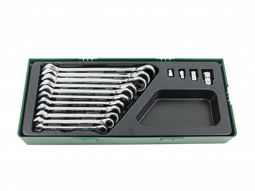 Фото 2 товара Набор ключей гаечных комбинированных трещоточных с аксессуарами, 8-19 мм в ложементе, 15 предметов, Jonnesway