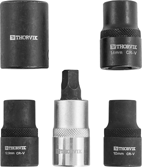 Набор головок торцевых и насадки со вставкой-битой с пятигранным профилем для обслуживания тормозных механизмов 1/2"DR, 5 предметов, THORVIK - фото 1