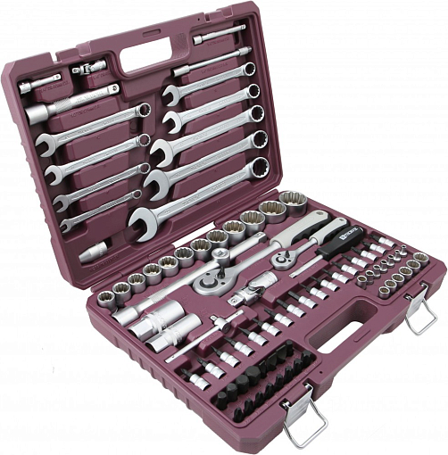 Фото 2 товара Набор инструмента универсальный 1/4", 1/2"DR с головками торцевыми 12-гранными, 82 предмета, THORVIK