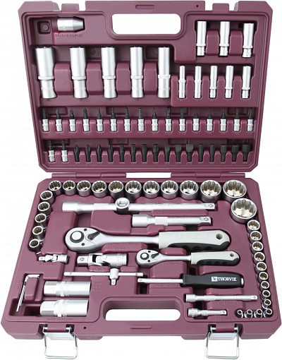 Фото 1 товара Набор инструмента универсальный 1/4", 1/2"DR с головками торцевыми 12-гранными, 94 предмета, THORVIK