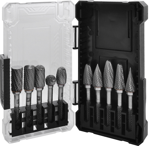 Фото 0 товара Набор борфрез твердосплавных, тип A, B, C, D, E, F, G, H, L, M, 12 мм, двойная насечка, в кейсе, 10 предметов, THORVIK