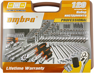 Специальный набор инструмента, торцевые головки 1/4", 3/8", 1/2"DR, 4-32 мм и SAE 5/32"--1-1/4", ударные торцевые головки 1/2"DR, 17-23 мм, 120 предметов, Ombra - фото 3