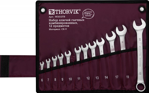 Фото 2 товара Набор ключей гаечных комбинированных серии ARC в сумке, 12 предметов (6-14,17,19,22 мм) (в тубусе Thorvik), THORVIK
