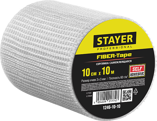 Фото 0 товара Сетка самоклеящаяся стеклотканевая FIBER-Tape STAYER 10 см х 10 м, 3х3 мм, 1246-10-10