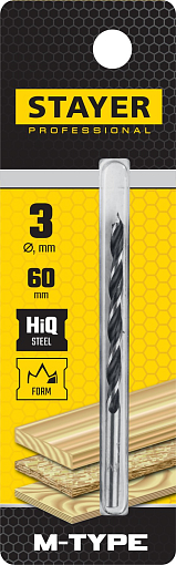 Фото 1 товара Спиральное сверло по дереву "M-type" STAYER d=3 х 60/30 мм, М-образная заточка, сталь HCS, 2942-060-03_z02