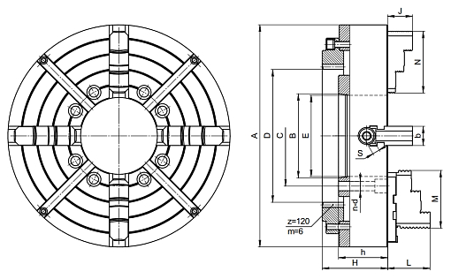 Фото 1 товара Патрон токарный 4-х кулачковый ручной с венцом для силового точения 710З-1000Б БЗСП
