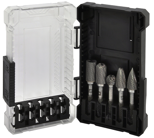 Фото 0 товара Набор борфрез твердосплавных, тип B, C, D, F, G, 6 мм, двойная насечка, в кейсе, 5 предметов, THORVIK