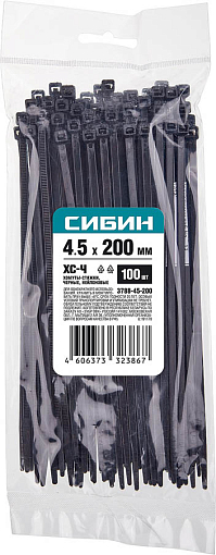 Фото 1 товара Хомуты нейлоновые черные СИБИН 200х4.5 мм, 100 шт, 3788-45-200