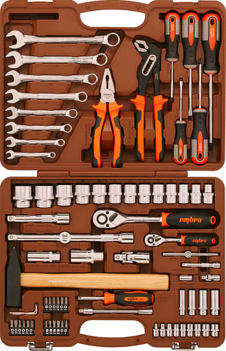 Фото 0 товара Набор инструмента универсальный 1/4", 1/2"DR с головками торцевыми 12-гранными 1/2"DR, 77 предметов, Ombra