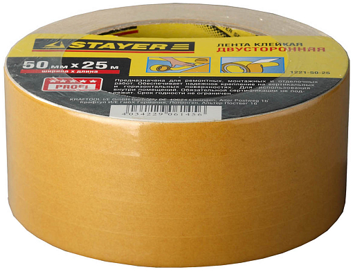 Фото 0 товара Двусторонняя клейкая лента (скотч) STAYER 1221-50-25 50 мм х 25 м, основа полипропиленовая