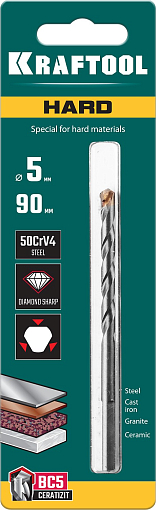 Фото 4 товара Специальное cверло по твёрдым материалам HARD 29177-090-5 KRAFTOOL 5 х 90 мм