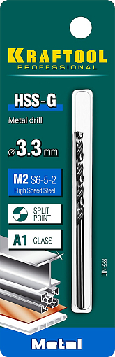 Фото 2 товара Сверло по металлу 29651-3.3 Pro KRAFTOOL 3.3 х 65 мм, HSS-G, сталь М2 (S6-5-2), класс A