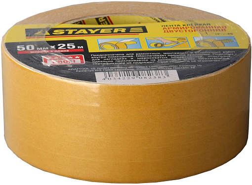 Фото 0 товара Двусторонняя клейкая лента (скотч) STAYER 1217-25 50 мм х 25 м, основа тканевая