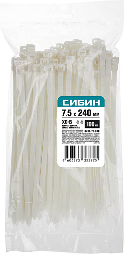 Фото 1 товара Хомуты нейлоновые белые СИБИН 240х7.5 мм, 100 шт, 3786-75-240