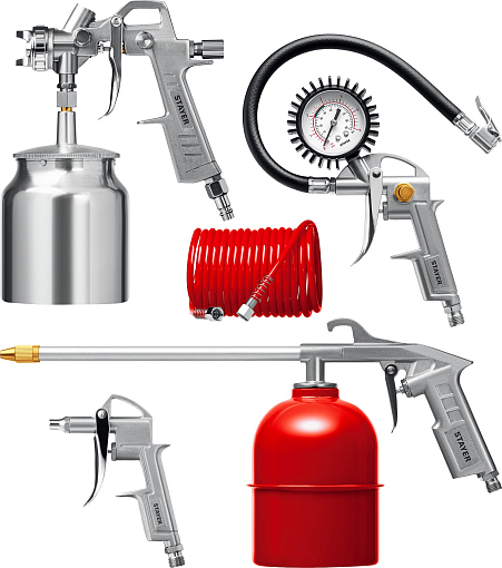 Фото 0 товара Набор пневматический универсальный: краскораспылитель с нижним бачком, пистолеты, пневмошланг STAYER 5 предметов, 06487-H5_z01