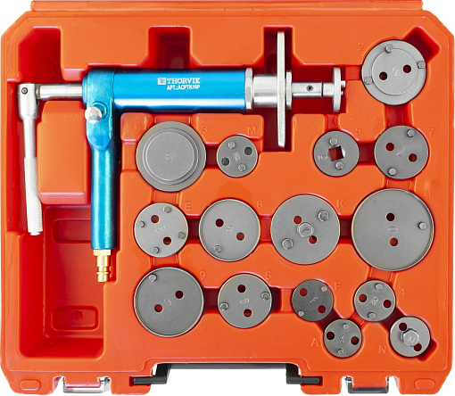 Фото 1 товара Приспособление с пневматическим приводом для возврата поршней дисковых тормозных механизмов в наборе, 16 предметов, THORVIK