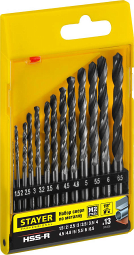 Фото 1 товара Набор сверл спиральных по металлу 29602-H13_z01 STAYER 13 шт. (? 1,5-6,5 мм), HSS-R