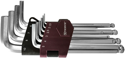 Фото 0 товара Набор ключей торцевых шестигранных с шаром, H1.5-H10, 10 предметов, THORVIK