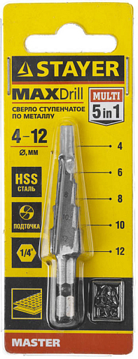 Фото 1 товара Сверло ступенчатое STAYER 4-12 мм, 5 ступеней, HSS, 29660-4-12-5 Master