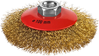 Щетка коническая для УШМ MIRAX 35143-100100 мм, витая стальная латунированная проволока 0,3 мм - фото 1