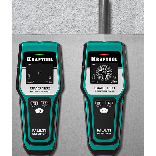 Фото 8 товара Детектор универсальный KRAFTOOL GMS 120 45298 черный металл 120 мм, цветной металл 80 мм, проводка 50 мм, дерево 20 мм