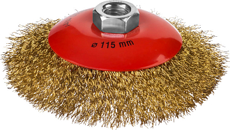 Щетка коническая для УШМ MIRAX 35143-115 115 мм, витая стальная латунированная проволока 0,3 мм - фото 1