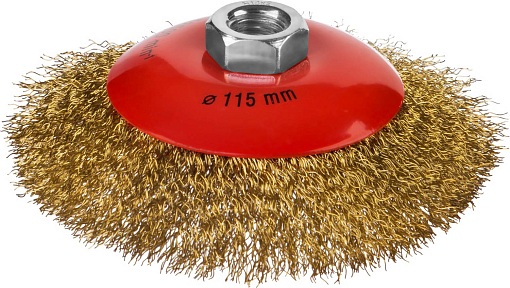 Фото 0 товара Щетка коническая для УШМ MIRAX 35143-115 115 мм, витая стальная латунированная проволока 0,3 мм