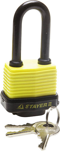 Фото 0 товара Замок навесной STAYER 37141-40 50х28х45,5 мм, пластиковая защита корпуса, всепогодный, удлиненная дужка