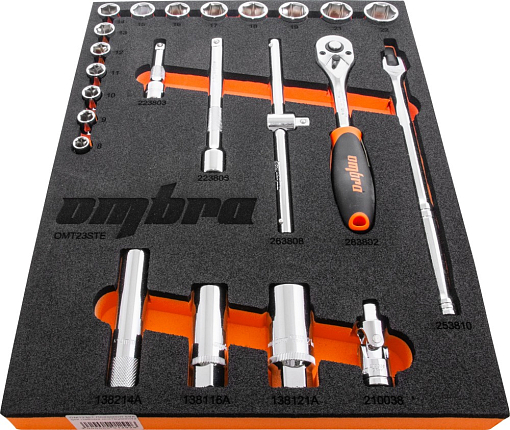 Фото 1 товара Набор головок торцевых 3/8" DR 8-22 мм с аксессуарами в EVA ложементе 280х375 мм, 23 предмета, Ombra