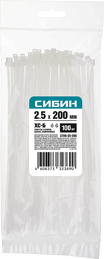 Фото 1 товара Хомуты нейлоновые белые СИБИН 200х2.5 мм, 100 шт, 3786-25-200