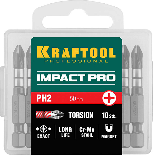 Фото 3 товара Набор бит Impact Pro Philips KRAFTOOL 26191-2-50-S10 PH2, 50 мм, 10 шт., Cr-Mo сталь