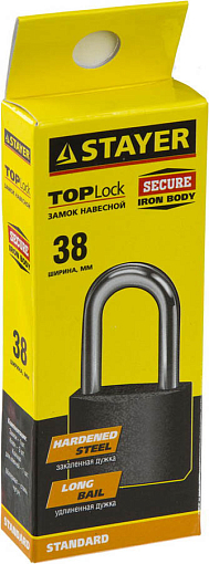 Фото 1 товара Замок навесной STAYER TOPLock 37160-38-1 38х33х16 мм, металлический корпус, закаленная удлиненная дужка