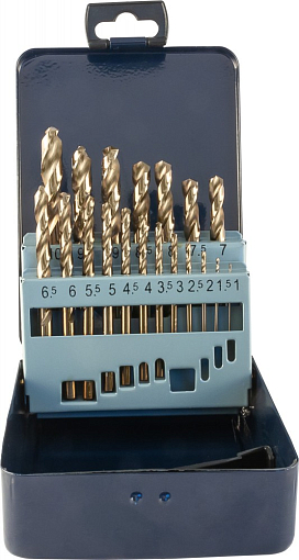 Фото 1 товара Набор спиральных сверл по металлу HSS Co в металлическом кейсе, d1.0-10.0 мм, 19 предметов, THORVIK