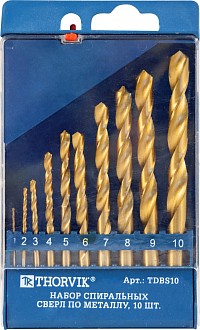 Набор спиральных сверл по металлу HSS TiN в пластиковом кейсе, d1.0-10.0 мм, 10 предметов, THORVIK - фото 2