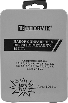 Набор спиральных сверл по металлу HSS TiN в металлическом кейсе, d1.0-10.0 мм, 19 предметов, THORVIK - фото 2
