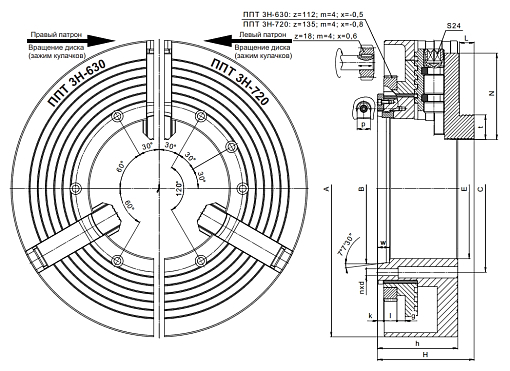 Фото 1 товара Патрон токарный 3-х кулачковый комбинированный для обработки труб ППТ3Н-630.205М левый БЗСП