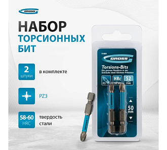 Набор бит торсионных PZ2 x 50 мм, для ударных шуруповертов, 2 шт. Gross - фото 1