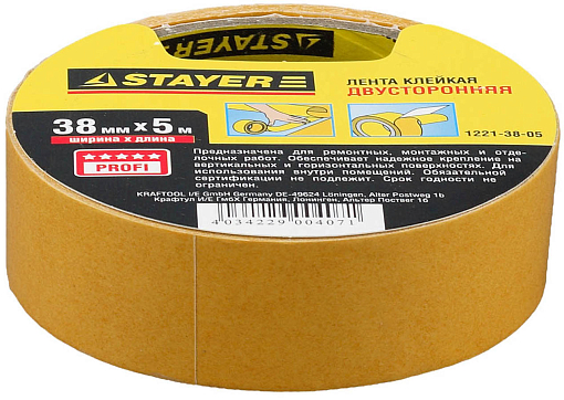 Фото 0 товара Двусторонняя клейкая лента (скотч) STAYER 1221-38-05 38 мм х 5 м, основа полипропиленовая