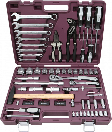 Фото 1 товара Набор инструмента универсальный 1/4", 1/2"DR с головками торцевыми 12-гранными, 77 предметов, THORVIK