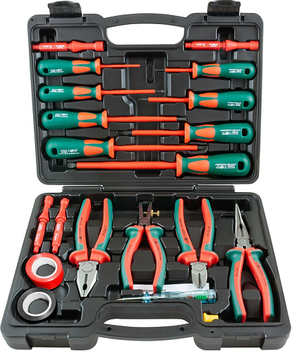 Фото 1 товара Набор диэлектрический с изолентой, отверток стержневых и шарнирно-губцевого инструмента, 20 предметов, Jonnesway