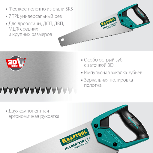 Фото 2 товара Ножовка универсальная Alligator Universal 7 15004-40_z01 KRAFTOOL 7 TPI, 400 мм