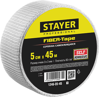 Сетка стеклотканевая самоклеящаяся FIBER-Tape STAYER 5 см х 45 м, 3х3 мм, 1246-05-45_z01 - фото 1