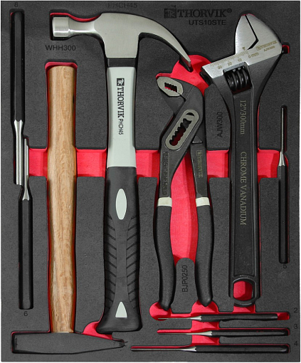 Фото 1 товара Набор молотков, выколоток и шарнирно-губцевого инструмента в EVA ложементе 280х375х30 мм, 10 предметов, THORVIK