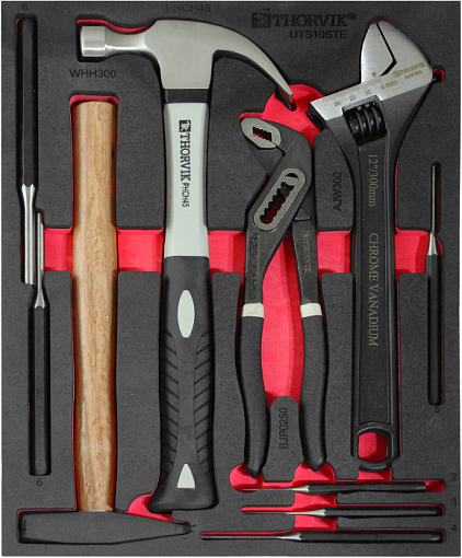 Фото 0 товара Набор молотков, выколоток и шарнирно-губцевого инструмента в EVA ложементе 280х375х30 мм, 10 предметов, THORVIK