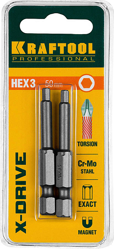 Фото 2 товара Кованые профессиональные биты X-DRIVE, KRAFTOOL, 26127-3-50-2 HEX3, 50 мм, 2 шт.
